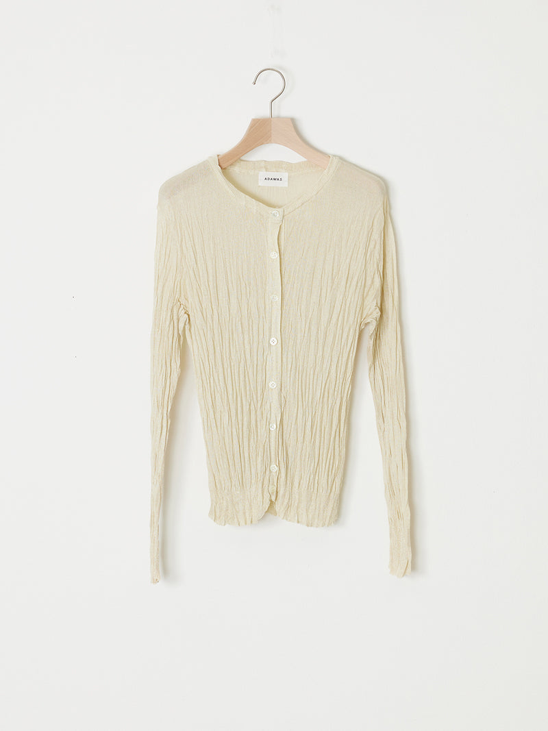 PLEATED KNIT ROUND NECK CARDIGAN