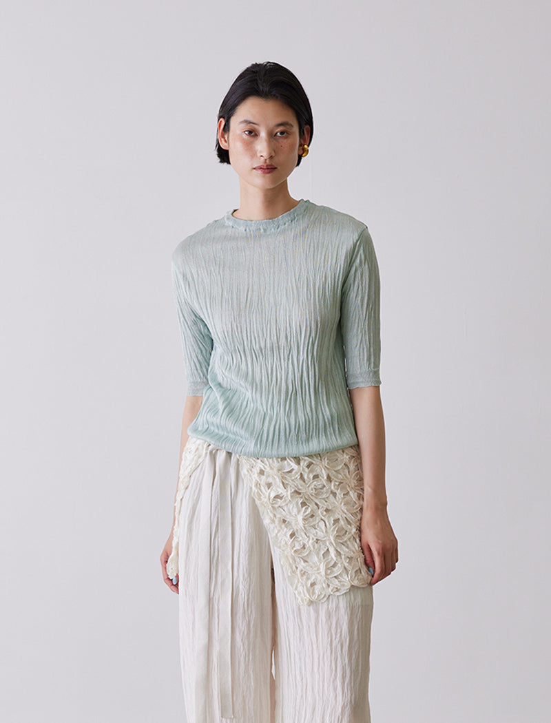 PLEATED KNIT CREW-NECK TOP